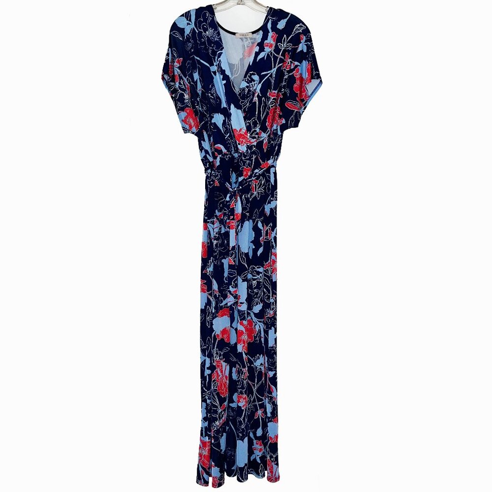 Gilli Floral Macy Knit Stretch Maxi V-neck Belted Dress
